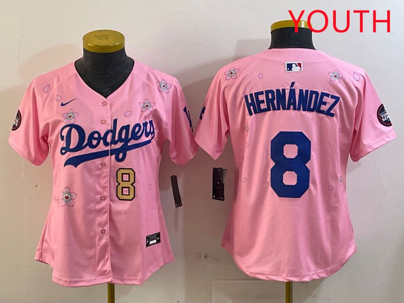 Youth Los Angeles Dodgers #8 Hernandez Pink Sakura Edition 2025 Nike MLB Jersey style 8->youth mlb jersey->Youth Jersey